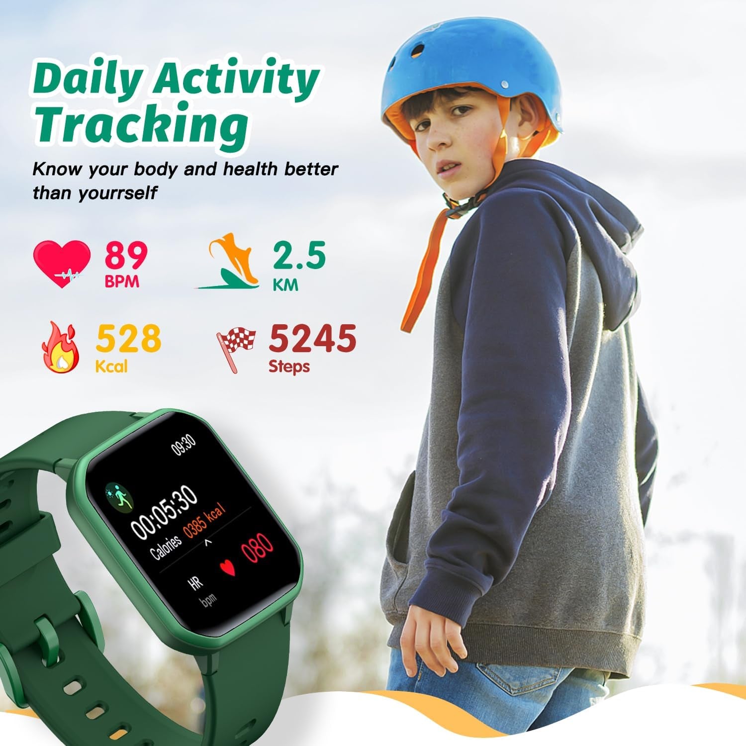 Kids Smart Watch for Boys,Ip68 Waterproof Kids Fitness Tracker Watch with 1.5 Inch DIY Face,Heart Rate Sleep Monitor,19 Sport Modes,Calories Counter,Alarm Clock,Great Gifts for Children 6+ (Green)